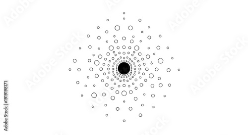 Abstract geometric radial design featuring concentric circles and varying size dot patterns creating a visually intriguing black and white optical illusion graphic element.