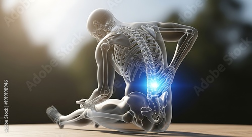 Digital Human Skeleton with Lower Back Pain Illustration in Bright Outdoor Setting