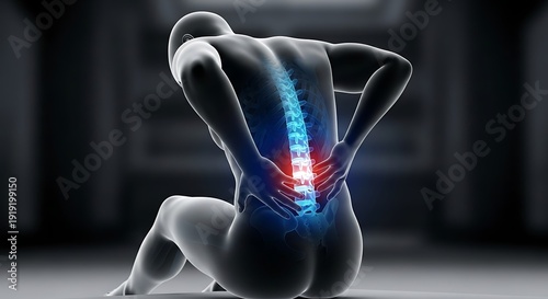 Human Back Pain Suffering with Digital Spine Illustration in Dark Medical Environment