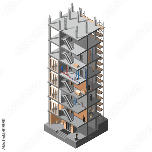 Multi-story building construction with scaffolding and exposed infrastructure.