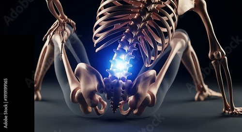 Human Skeleton with Luminescent Lower Back Injury in Medical Illustration