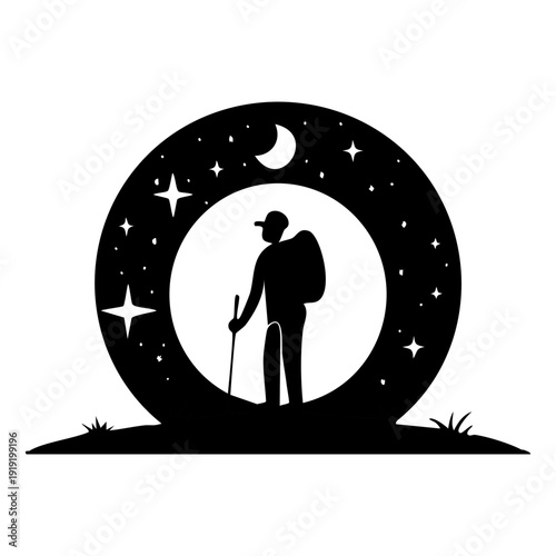 Silhouette of a hiker with a backpack and walking stick against a starry night sky within a circular frame on a grassy foreground