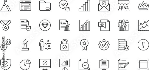 Assesment outline icon set. Containing Assesment, Evaluation, Audit, analysis, plan, result, and more. Editable stroke. Vector