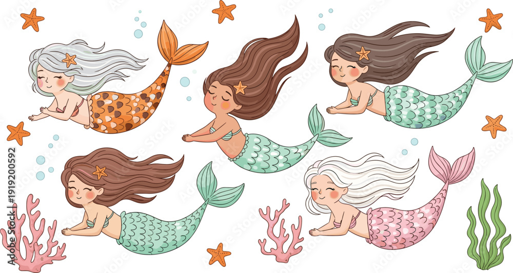 Fototapeta premium Cute mermaid character set swimming with starfish, coral and seaweed