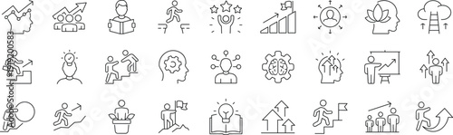 Upskill Web Icon Set in Line Style. Collection of Personal growth Linear Icons, Including upskilling, development, education, career, reskill, progress, strategy, skill goal and more.