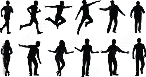People silhouettes collection jumping running walking and pointing, diverse group of men and women figures, casual poses set isolated on white background, vector character.