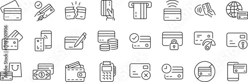 Credit card set of web icons in line style. A collection of linear icons representing credit card concepts, including payment, wallet, security, contactless payment, transaction