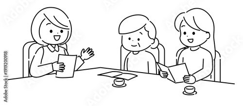 在宅サービスについて相談している家族　線画