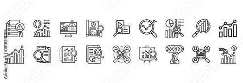 Statistical data visualization and analytics icons for performance tracking and reporting