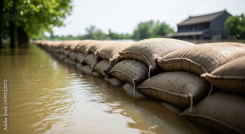 Sandbags stacked in flooded area for protection and prevention