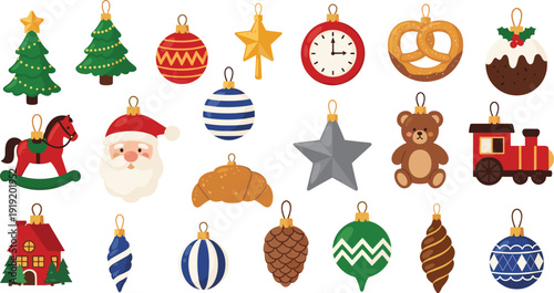 Christmas ornaments set with Santa, tree, toys, baubles and festive decorations