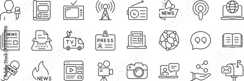News media Web Icon Set in Line Style. Collection of Mass media Linear Icons, Including tv, radio, newspaper, magazine, news, broadcasting, press, interview, journalism and more.
