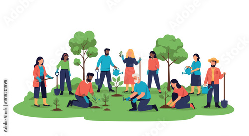 Illustration of diverse people planting trees and gardening together in a park with a green landscape and trees.