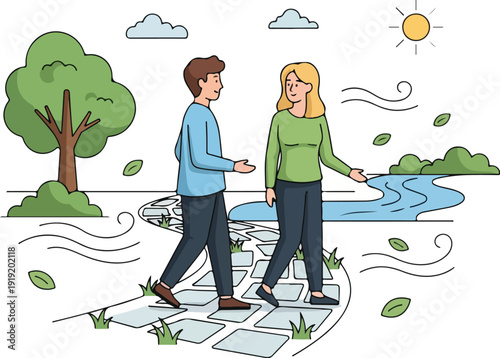 A psychologist and therapist walking and talking on a winding path in a serene outdoor setting with a sunny sky and gentle breeze.