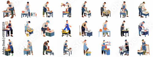 Diverse people crafting pottery and ceramics, showcasing various stages of clay work with pottery wheels and artisan tools.