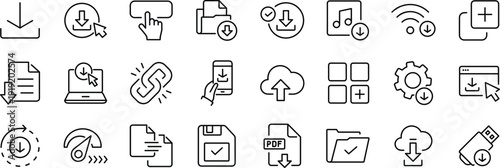 Download set of web icons in line style. Upload and Download linear icon collection. Containing arrow, link, folder, download file, cloud storage, web button.