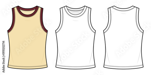 Sleeveless Tank Top Technical Fashion Illustration. Crew Neck Athletic Singlet with Contrast Binding. Front and Back View CAD Vector Template. Sand Beige and Burgundy