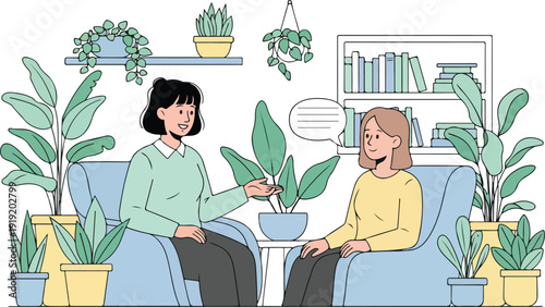 A psychologist and a patient having a conversation in a cozy office with plants and books, conveying a calm and supportive mood with soft colors.