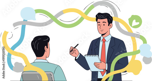 Illustration of a psychologist in a suit taking notes while talking to a patient in a therapy session with colorful abstract lines in the background.