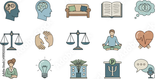 Flat lay illustration of various psychologist and therapist related icons on a clean white background with a mix of colorful and muted tones.