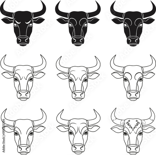 Bull and Cow Head Vector Set with Silhouette and Line Art Cattle Icons for Farm and Butchery Logo Design