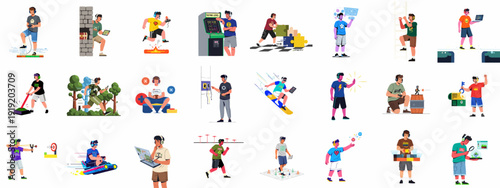 Illustrations showcasing various aspects of video gaming, including players overcoming virtual challenges, developing games, and engaging with digital entertainment platforms and modern technology.