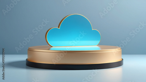 3D cloud icon on golden pedestal minimalist design digital concept technology success growth