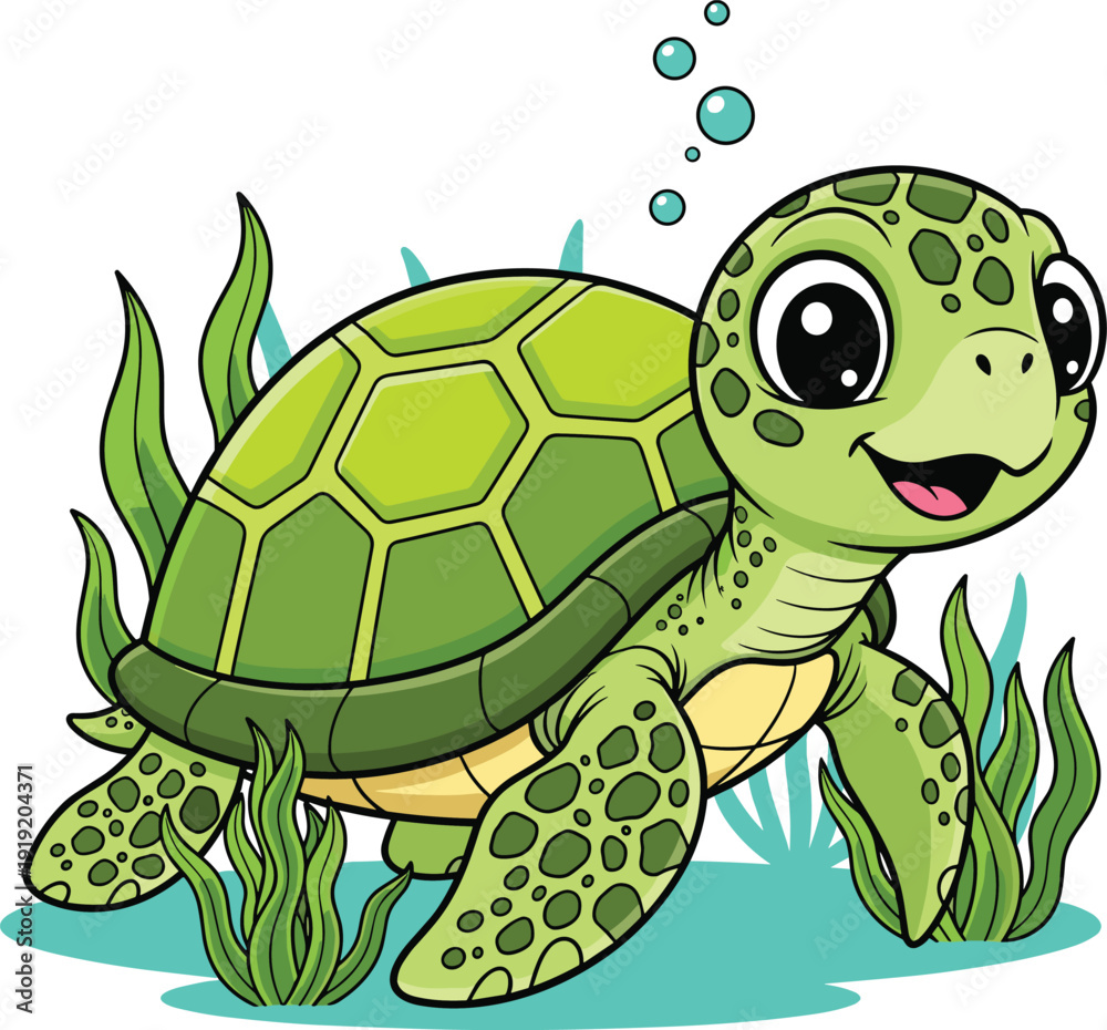 Obraz premium Cute Cartoon Sea Turtle Vector Illustration, Happy Green Marine Tortoise Character Isolated on White for Kids Design