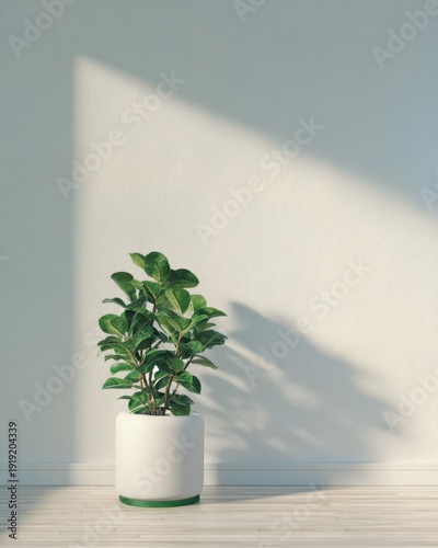 Minimal indoor plant in a white pot with a sunlit wall shadow for interior design, modern home decor, poster and background use