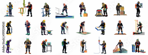 Professional Divers Engaged in Diverse Underwater and Surface Tasks with Specialized Equipment, illustrating various marine and industrial operations.