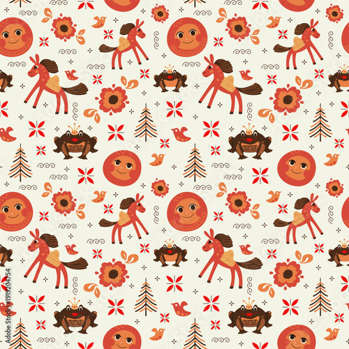 Seamless pattern in the style of Mezen painting with characters of Russian fairy tales