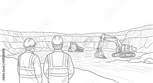 Construction site outline: workers oversee earthmoving equipment in action