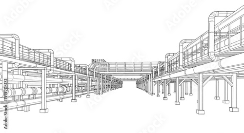 Industrial piping system in wireframe design with perspective view