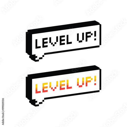 3D isometric pixel art level up speech bubble banner 8 bit vector icon for computer game, logo