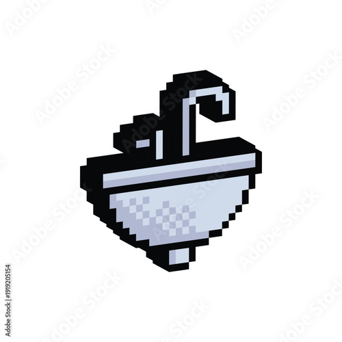 3D isometric pixel art sink faucet 8 bit vector icon for computer game, logo