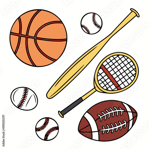 A collection of sports equipment and balls Vector