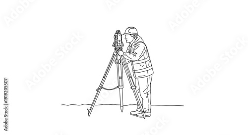 Surveyor using theodolite for land measurement in line art