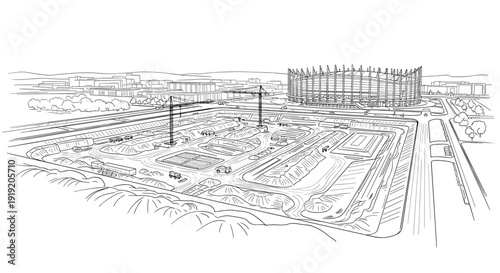 Linear construction site with cranes and stadium outlines in urban landscape