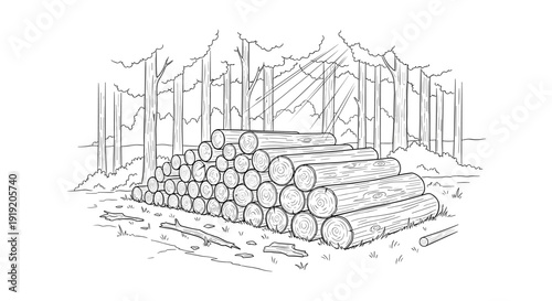 Linear illustration of stacked logs in a forest with sunlit scene