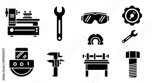 Set of silhouette industrial icons: tools, machines, and safety gear