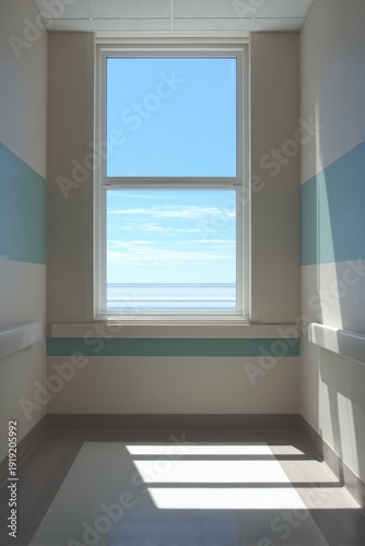 Hospital corridor window with ocean horizon and sunlight for healthcare calm background poster and interior design template