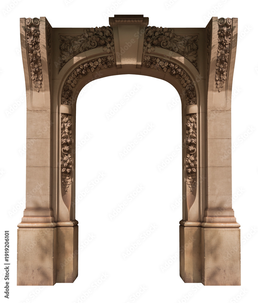 Fototapeta premium Elements of architectural decorations of buildings, arches and columns, door and window openings. On the streets in Catalonia, public places.