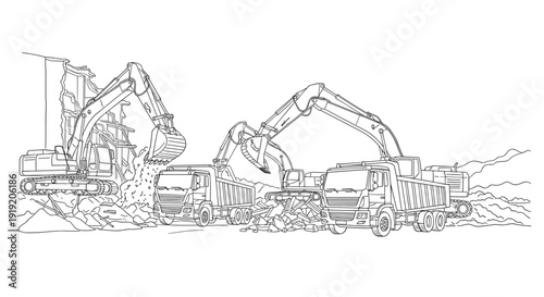 Construction site with excavators and dump trucks in linear art style
