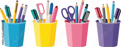 Colorful stationery cups with pencils, pens, scissors, school supplies cartoon vector illustration collection set