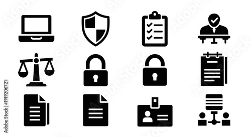 Collection of black silhouette security and business icons set