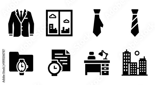 Minimalist office icons set featuring business attire, desk, and buildings