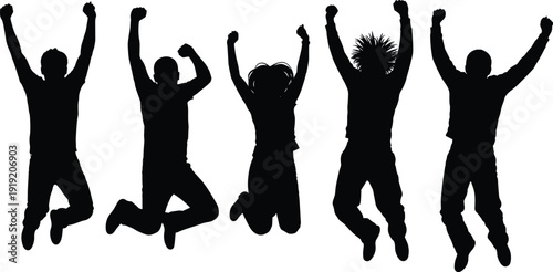 Large collection of diverse adult and children silhouettes standing cheering jumping waving and making ok hand signs for business family community success and education projects