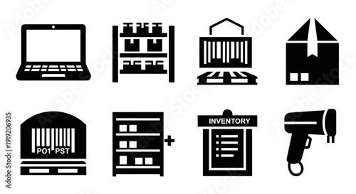 Inventory management icons set: barcode, warehouse, logistics, and technology symbols