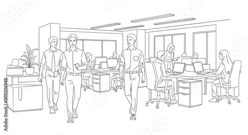 Linear office workspace with professionals collaborating in modern environment