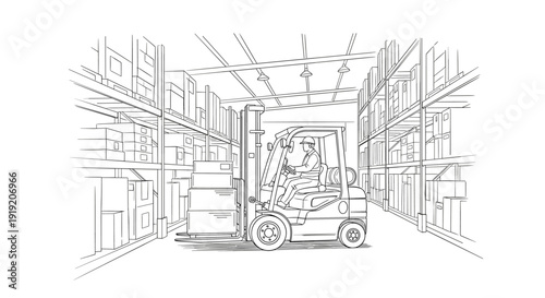 Monochrome warehouse scene with forklift and stacked boxes in linear style